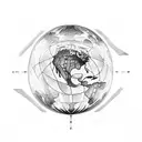 Human hand holding large transparent sphere with detailed Earth, ancient engraving style tattoo design idea