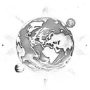 Human hand holding large transparent sphere with detailed Earth, ancient engraving style tattoo design idea