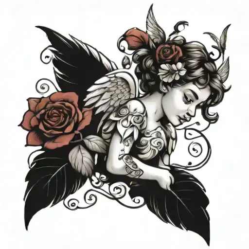 "Design a tattoo inspired by Eros or Cupid from Greek mythology, incorporating angel wings and rose vines, with a centra tattoo design idea