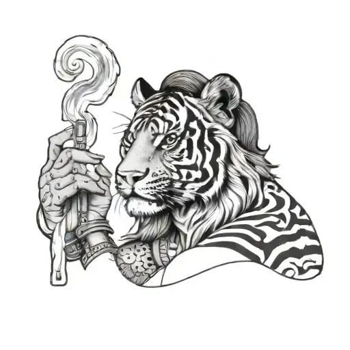 half woman half tiger face smoking cigarette tattoo design idea