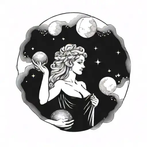 A goddess Aphrodite holding a galaxy in her hands, representing sobriety and inner strength tattoo design idea