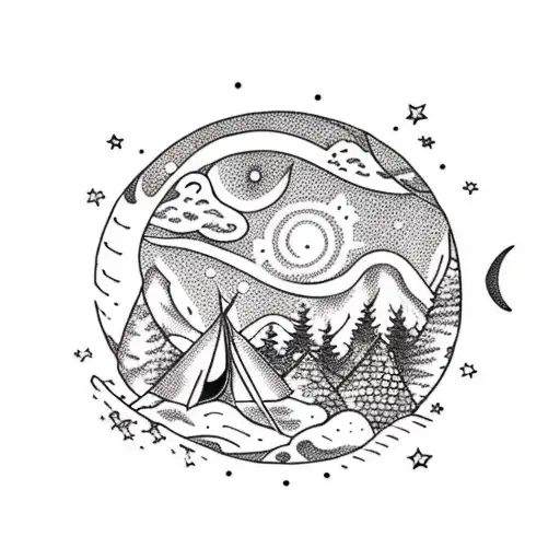 A dotwork tattoo capturing the beauty of a starry night sky above a peaceful camping spot, with musical instruments scattered around the campfire and a mischievous leak hiding behind a tent tattoo design idea