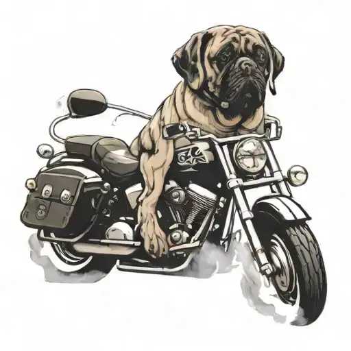 A Mastiff dog wearing a football jersey, riding on the back of a Harley Davidson Motorcycle with a BBQ smoker attached, surrounded by swirling smoke tattoo design idea