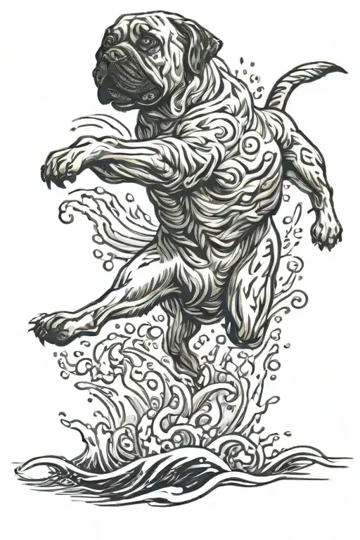 A realistic tattoo of a majestic mastiff dog leaping out of the water to catch a fish, incorporating elements of neotraditional style tattoo design idea