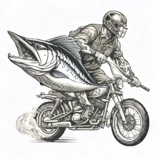 A football player reeling in a giant marlin on a Harley Davidson Motorcycle, with smoke billowing from a BBQ grill in the background tattoo design idea