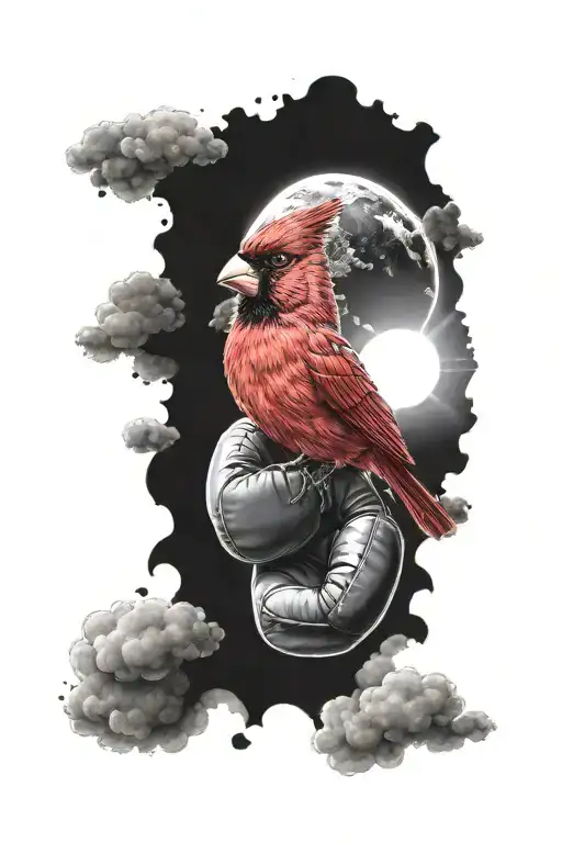 cardinal holding boxing gloves flying towards the sun tattoo design idea