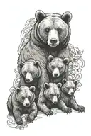 A bear family portrait with three cubs, each holding a fish in their paws tattoo design idea