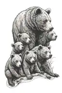 A bear family portrait with three cubs, each holding a fish in their paws tattoo design idea