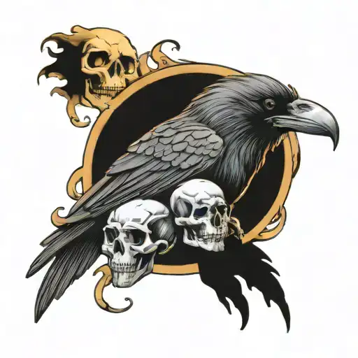 Raven with 3 smoke skulls tattoo design idea