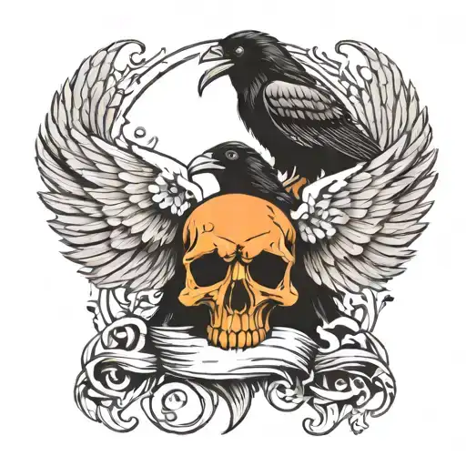 Crow open wings with three skulls tattoo design idea