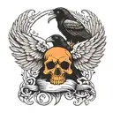 Crow open wings with three skulls tattoo design idea