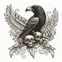 Crow open wings with three skulls tattoo design idea
