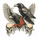 Crow open wings with three skulls tattoo design idea