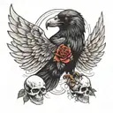 Crow open wings with three skulls tattoo design idea
