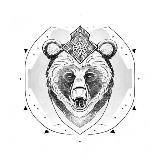 bear head with vegvisir on forehead with patterned axes behind head tattoo design idea