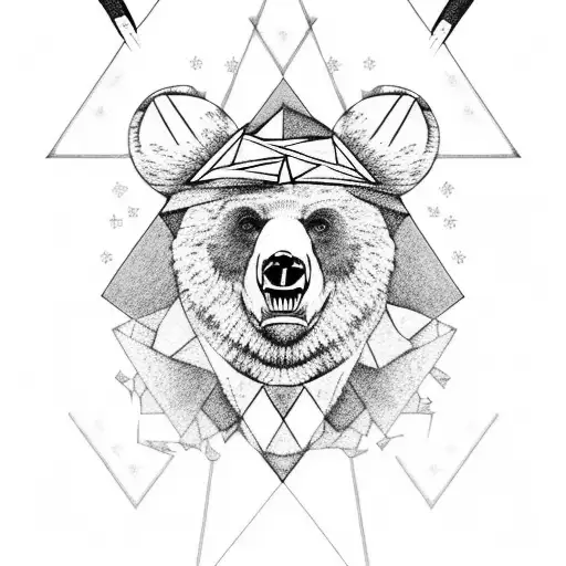 bear head with a triple triangle on the forehead with patterned axes behind the head tattoo design idea