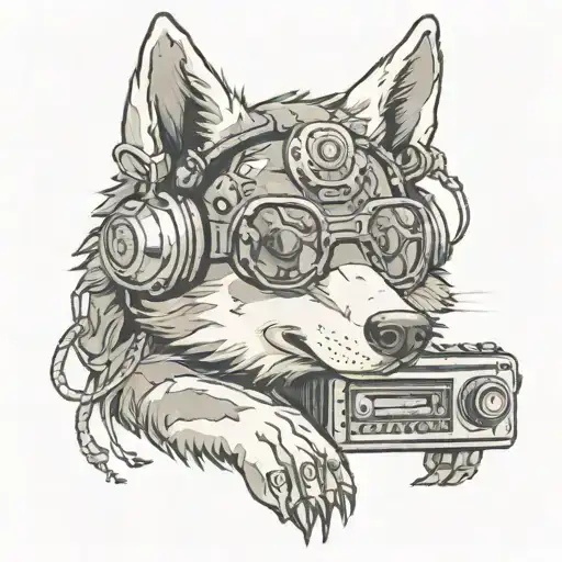 A black and grey tattoo of a Plush wolf with a tank Headset on its head and a radio transmitter in its paws tattoo design idea