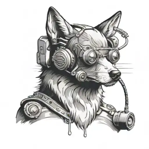 A black and grey tattoo of a Plush wolf with a tank Headset on its head and a radio transmitter in its paws tattoo design idea