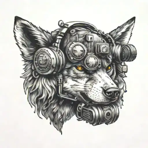A black and grey tattoo of a Plush wolf with a tank Headset on its head and a radio transmitter in its paws tattoo design idea