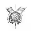 Two hands holding a red string, with the string forming a labyrinth tattoo design idea