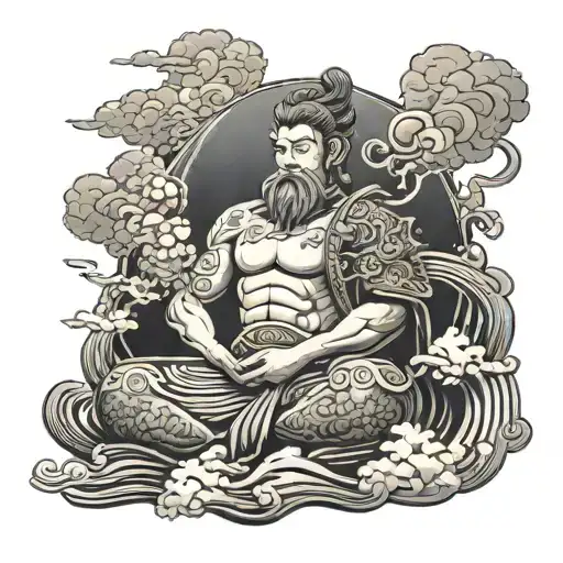 blackout with japanese clouds, greek god statue  tattoo design idea