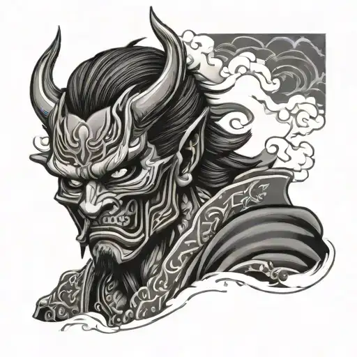 full sleve, samurai demon face, blackout with japanese clouds inside  tattoo design idea