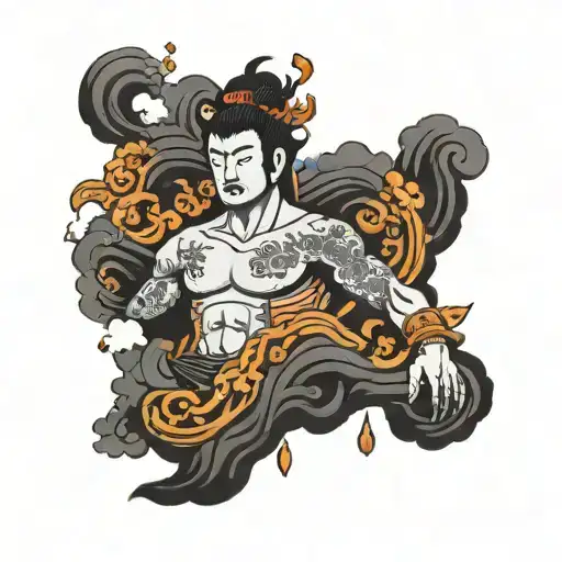 blackout with japanese clouds, greek god statue, caronte tattoo design idea