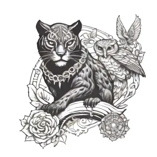 Black panther and Owl perched  tattoo design idea