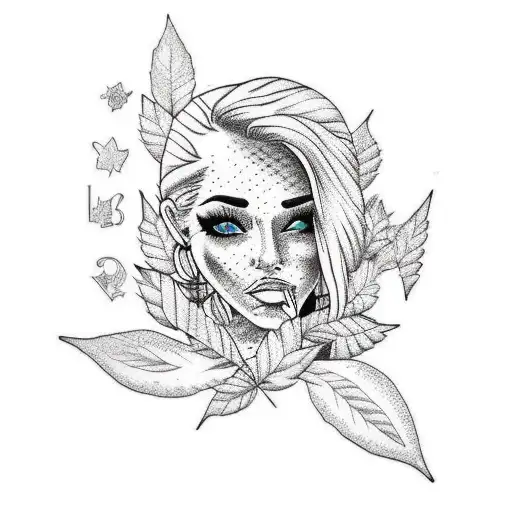 A badass blonde girl boss surrounded by weed leaves and rap lyrics in a dotwork style tattoo design idea