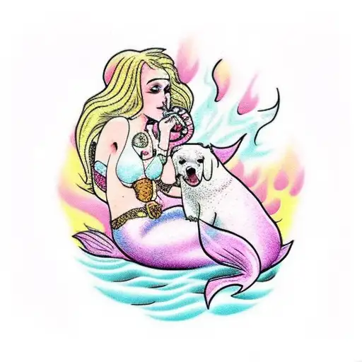 A pink-haired mermaid smoking a joint with a dog in a 2000's-inspired graffiti background tattoo design idea