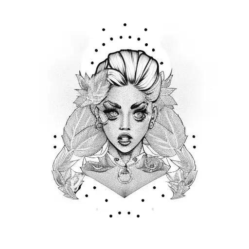 A badass blonde girl boss surrounded by weed leaves and rap lyrics in a dotwork style tattoo design idea