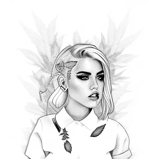 A badass blonde girl boss surrounded by weed leaves and rap lyrics in a dotwork style tattoo design idea