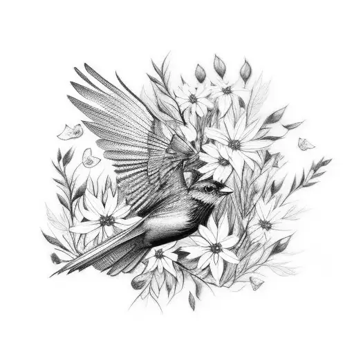 A black and grey realistic depiction of a bird in flight surrounded by blooming wildflowers tattoo design idea