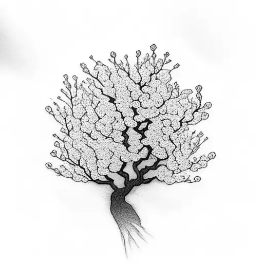 A black and grey dotwork tattoo of a cherry blossom tree with wildflowers scattered around its base tattoo design idea