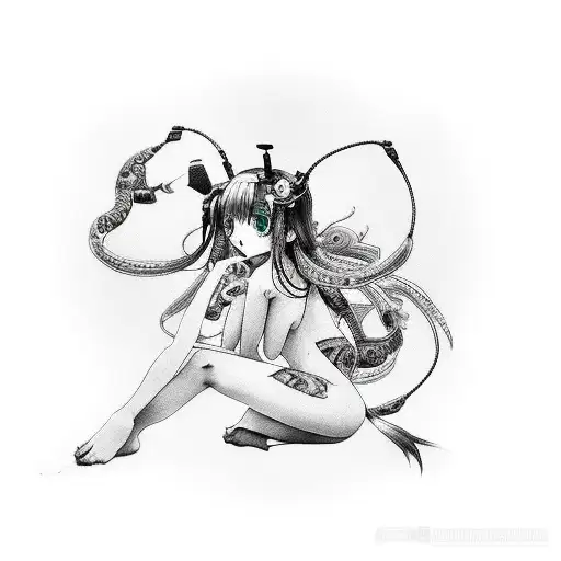 Hatsune miku desnuda con cuernos, blanco y negro  tattoo design idea