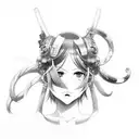 Hatsune miku desnuda con cuernos, blanco y negro  tattoo design idea