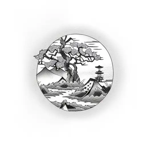 A black and grey landscape of a serene Japanese garden with cherry blossom trees tattoo design idea