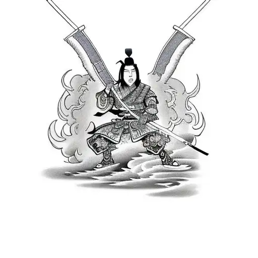 A traditional style tattoo of a samurai warrior with a katana, accompanied by a dragon and a phoenix, representing power and rebirth. tattoo design idea