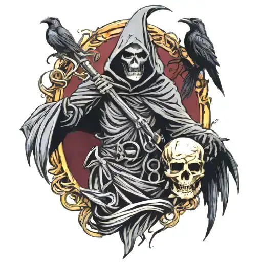 grim reaper with all seeing eye and ravens flying overhead tattoo design idea