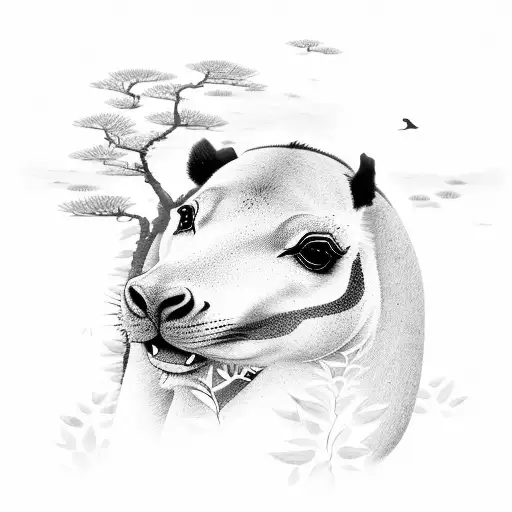 A serene scene of a horse galloping through a field of pandas and baby seals tattoo design idea