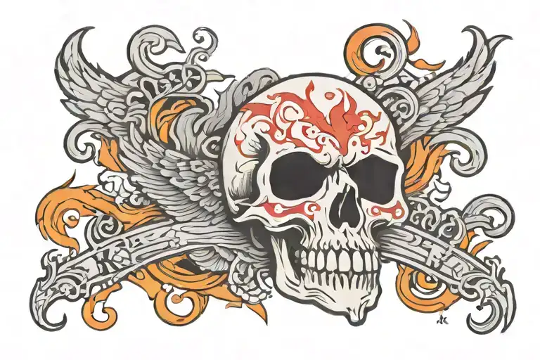 ka-chow words in old English and flames shooting tattoo design idea