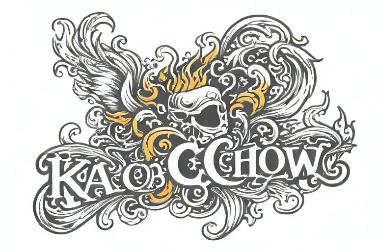 ka-chow words in old English and flames tattoo design idea