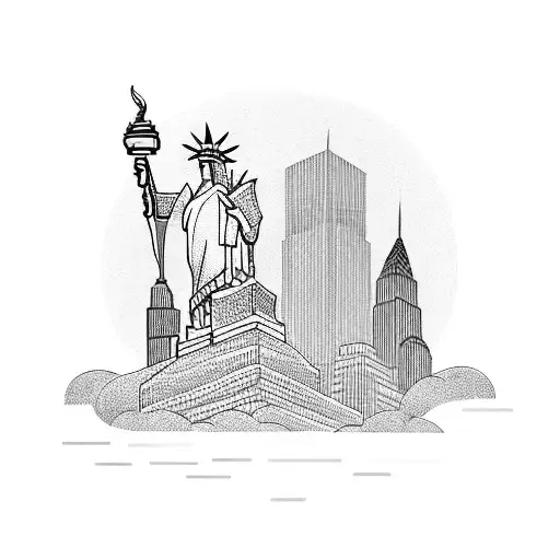 A stack of money being guarded by a snake with the New York skyline in the background tattoo design idea