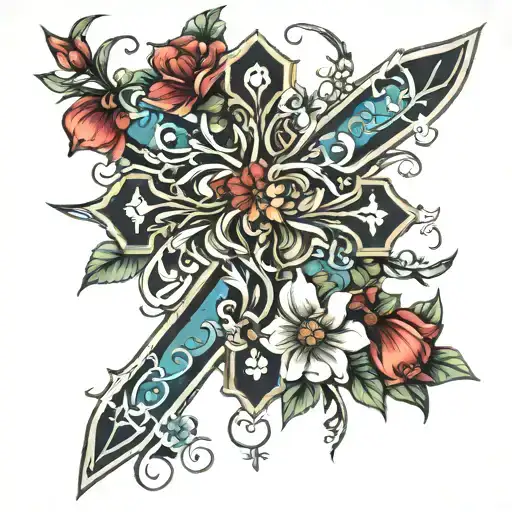 floral cross tattoo design idea