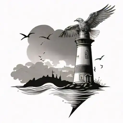 lighthouse on beach with birds flying tattoo design idea