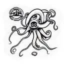 An island floating in the sky, on which sits an octopus with 8 tentacles, on his tattoo design idea