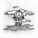 An island floating in the sky, on which sits an octopus with 8 tentacles, on his tattoo design idea