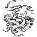 An island floating in the sky, on which sits an octopus with 8 tentacles, on his tattoo design idea