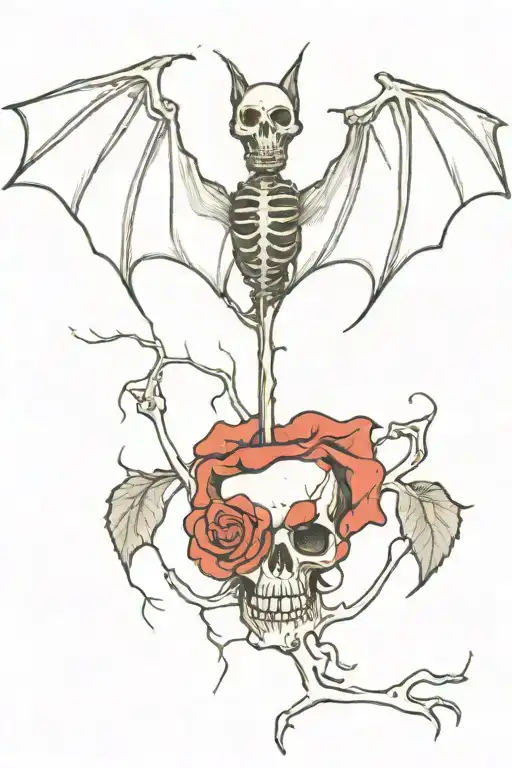 a bold red rose at the top and a skeletal bat with extended wings below it. The bat's bones, including its skull and rib tattoo design idea
