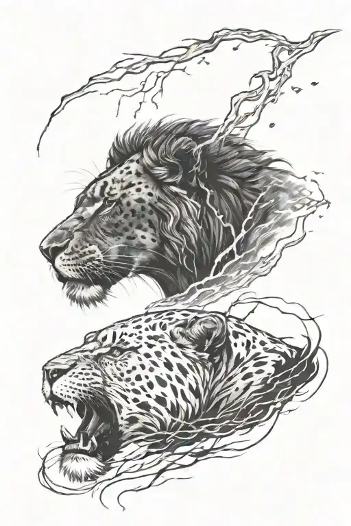 The head of a lion and a black panther in a storm with lightning and with a scar on the left eye tattoo design idea